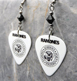 The Ramones Logo White Guitar Pick Earrings with Black Swarovski Crystals