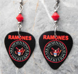 The Ramones Logo Black Guitar Pick Earrings with Red Swarovski Crystals
