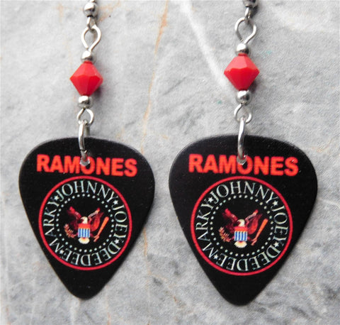 The Ramones Logo Black Guitar Pick Earrings with Red Swarovski Crystals