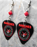 The Ramones Logo Black Guitar Pick Earrings with Red Swarovski Crystals