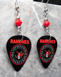 The Ramones Logo Black Guitar Pick Earrings with Red Swarovski Crystals