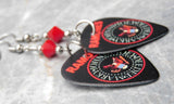 The Ramones Logo Black Guitar Pick Earrings with Red Swarovski Crystals