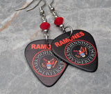 The Ramones Logo Black Guitar Pick Earrings with Red Swarovski Crystals