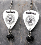 The Ramones Logo White Guitar Pick Earrings with Black Swarovski Crystal Dangles