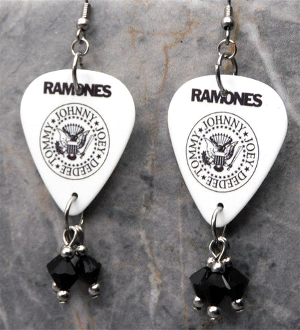 The Ramones Logo White Guitar Pick Earrings with Black Swarovski Crystal Dangles