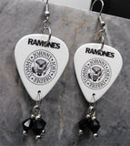The Ramones Logo White Guitar Pick Earrings with Black Swarovski Crystal Dangles