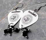 The Ramones Logo White Guitar Pick Earrings with Black Swarovski Crystal Dangles