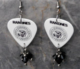 The Ramones Logo White Guitar Pick Earrings with Black Swarovski Crystal Dangles