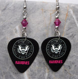 The Ramones Logo Black Guitar Pick Earrings with Fuchsia Swarovski Crystals