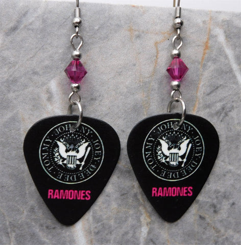 The Ramones Logo Black Guitar Pick Earrings with Fuchsia Swarovski Crystals