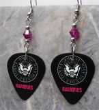 The Ramones Logo Black Guitar Pick Earrings with Fuchsia Swarovski Crystals