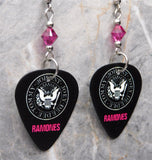 The Ramones Logo Black Guitar Pick Earrings with Fuchsia Swarovski Crystals