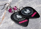 The Ramones Logo Black Guitar Pick Earrings with Fuchsia Swarovski Crystals