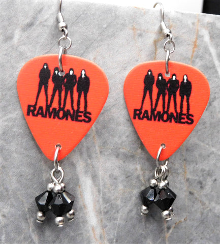 The Ramones Red Guitar Pick Earrings with Black Swarovski Crystal Dangles