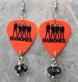 The Ramones Red Guitar Pick Earrings with Black Swarovski Crystal Dangles