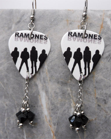 The Ramones Guitar Pick Earrings with Black Swarovski Crystal Dangles