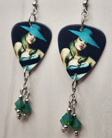 Rihanna with a Big Hat Guitar Pick Earrings with Green Opal Swarovski Crystal Dangles
