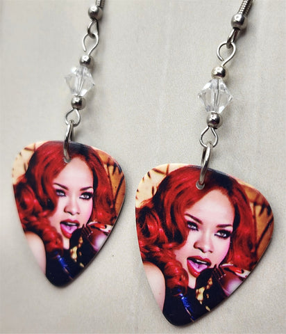 Rihanna with Red Hair Guitar Pick Earrings with Clear Swarovski Crystals