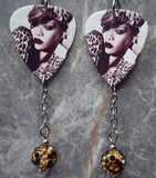 Rihanna Guitar Pick Earrings with Cheetah Print Pave Bead Dangles