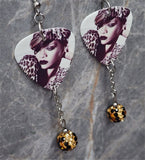 Rihanna Guitar Pick Earrings with Cheetah Print Pave Bead Dangles