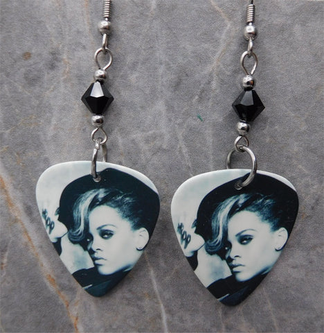 Black and White Rihanna Guitar Pick Earrings with Black Swarovski Crystals