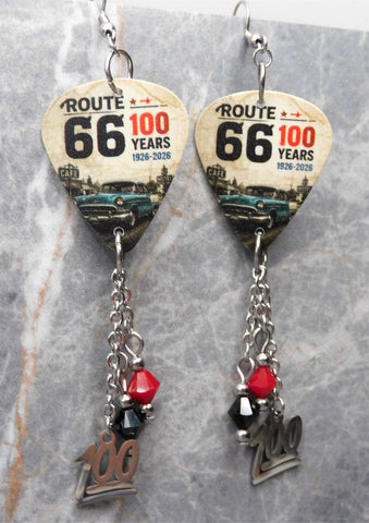 Route 66 100 Years Guitar Pick Earrings with 100 Stainless Steel Charms and Swarovski Crystal Dangles