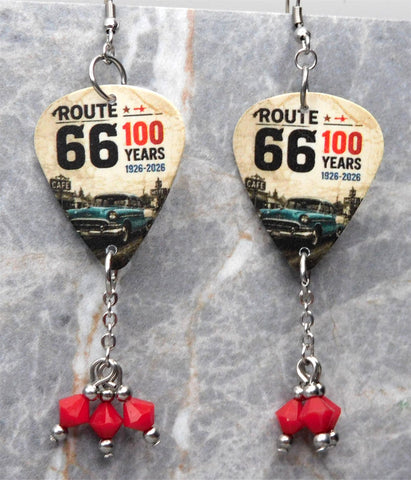 Route 66 100 Years Guitar Pick Earrings with Opaque Red Swarovski Crystal Dangles