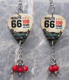 Route 66 100 Years Guitar Pick Earrings with Opaque Red Swarovski Crystal Dangles