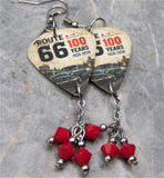 Route 66 100 Years Guitar Pick Earrings with Opaque Red Swarovski Crystal Dangles