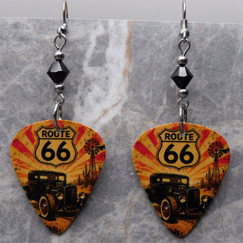 Classic Route 66 Guitar Pick Earrings with Black Swarovski Crystals