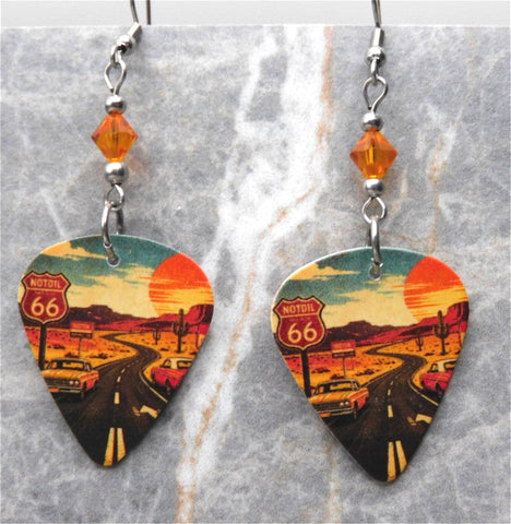 Classic Route 66 Guitar Pick Earrings with Fire Opal Swarovski Crystals