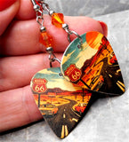 Classic Route 66 Guitar Pick Earrings with Fire Opal Swarovski Crystals
