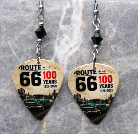 Route 66 100 Years Guitar Pick Earrings with Black Swarovski Crystals