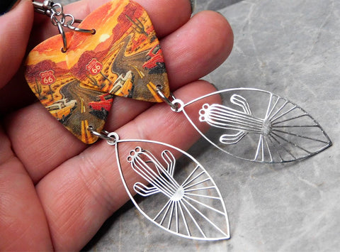 Route 66 Guitar Pick Earrings with Stainless Steel Cactus Charms