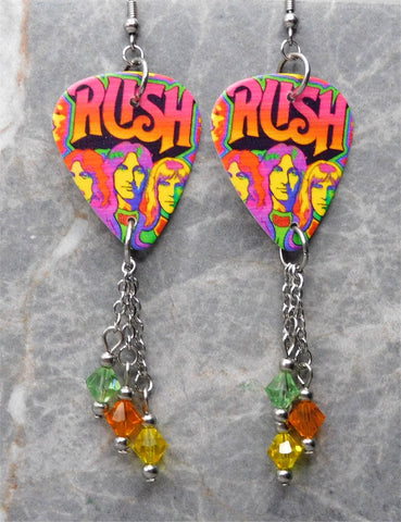 Rush Colorful Group Illustration Guitar Pick Earrings with Swarovski Crystal Dangles