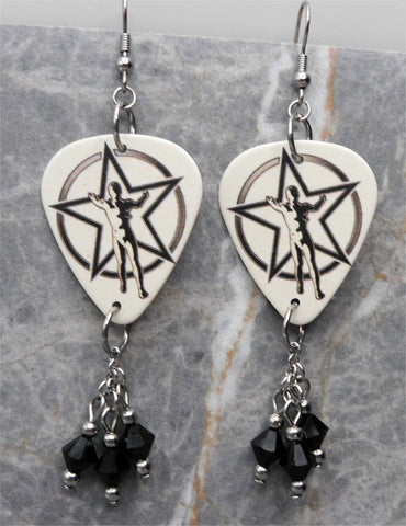 Rush 2112 The Spirit of Radio Guitar Pick Earrings with Black Swarovski Crystal Dangles
