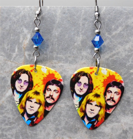 Rush Colorful Group Illustration Guitar Pick Earrings with Blue Swarovski Crystals