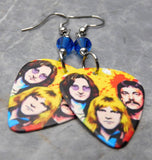Rush Colorful Group Illustration Guitar Pick Earrings with Blue Swarovski Crystals
