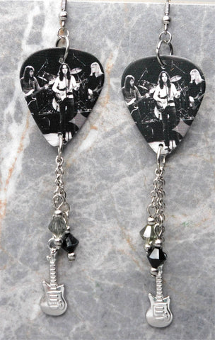 Rush On Stage Guitar Pick Earrings with Stainless Steel Guitar Charm and Swarovski Crystal Dangles