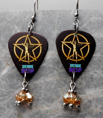 Rush 2112 Guitar Pick Earrings with Metallic Sunshine Swarovski Crystal Dangles