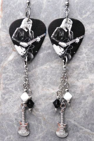 Rush Alex Lifeson Guitar Pick Earrings with Stainless Steel Guitar Charms and Swarovski Crystal Dangles