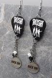 Rush Guitar Pick Earrings with Rock On Stainless Steel Charms and Swarovski Crystal Dangles