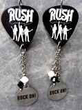 Rush Guitar Pick Earrings with Rock On Stainless Steel Charms and Swarovski Crystal Dangles