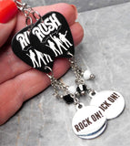 Rush Guitar Pick Earrings with Rock On Stainless Steel Charms and Swarovski Crystal Dangles