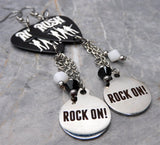 Rush Guitar Pick Earrings with Rock On Stainless Steel Charms and Swarovski Crystal Dangles
