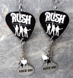 Rush Guitar Pick Earrings with Rock On Stainless Steel Charms and Swarovski Crystal Dangles