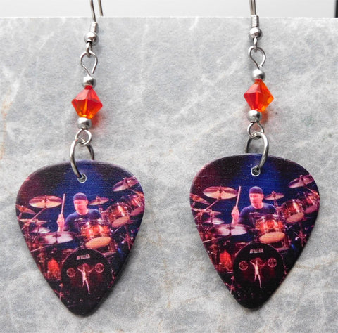 Rush Neil Peart at His Drums Guitar Pick Earrings with Orange Swarovski Crystals