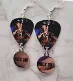 Stevie Ray Vaughan Guitar Pick Earrings with Rock On Charm Dangles