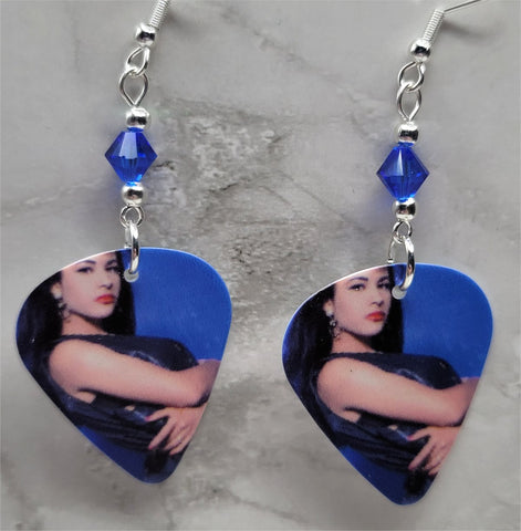 Selena Guitar Pick Earrings with Blue Swarovski Crystals