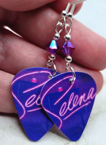 Selena Logo Guitar Pick Earrings with Fuchsia ABx2 Swarovski Crystals